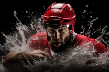 Hockey player in red jersey and helmet with splashes of water