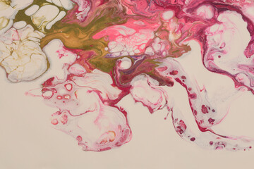 Abstract flow acrylic and watercolor pour marble blot painting. Color pink and beige wave copy space smoke texture background.