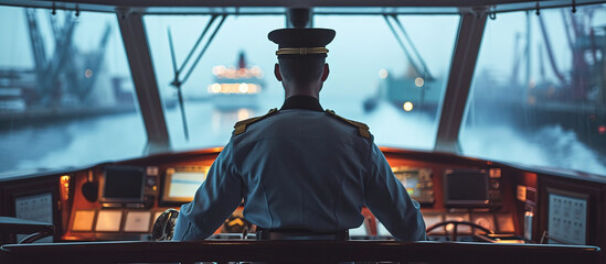 The captain of the ship looks out to sea from the cockpit - obrazy, fototapety, plakaty