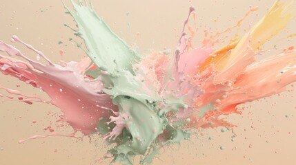 Pastel color paint splash on beige background. Vibrant sensitive color combination. Abstract artwork expression