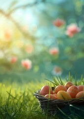 Festive Easter basket with eggs nestled in a spring meadow with blooming flowers. Easter celebration in the countryside, a cheerful basket among fresh grass and soft bokeh flowers.