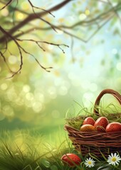 Speckled Easter eggs in a wicker basket with daisies on a sunlit spring morning. Traditional Easter basket adorned with flowers and placed in nature's serene setting.