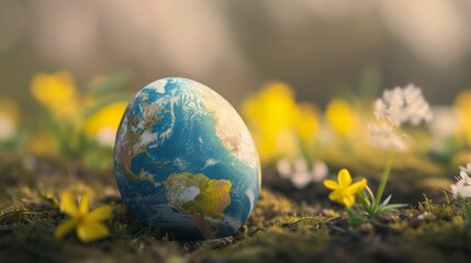 Earth painted egg nestled among spring flowers symbolizing environmental awareness. Eco-friendly world concept with a globe-like egg surrounded by nature.