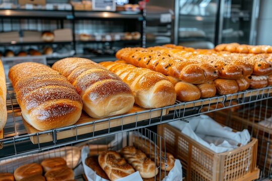 Indulge in a delectable variety of freshly baked goods, from warm bread rolls to flaky viennoiseries and sweet pastries, all on display in this cozy bakery's indoor store