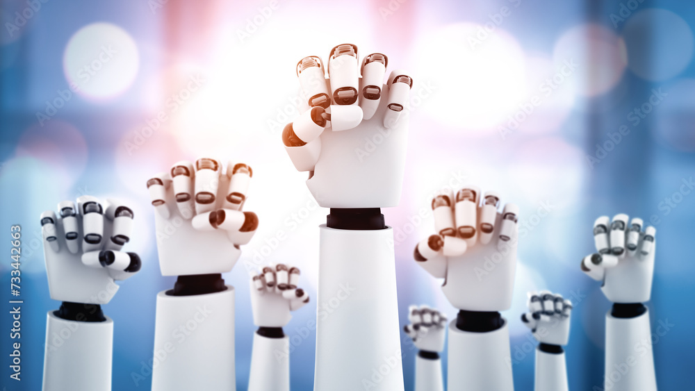 Poster xai 3d illustration robot humanoid hands up to celebrate success achieved by using ai artificial int