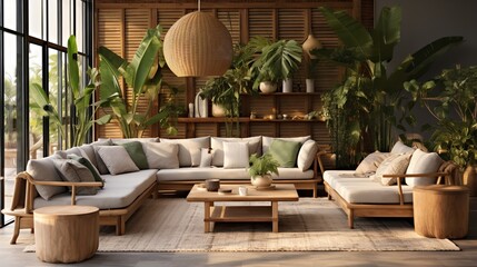 Nature's Embrace: Biophilic Living Room with Natural Elements & Green Spaces