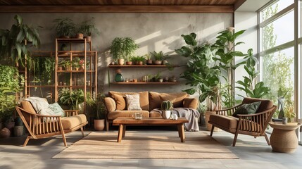 Obraz premium Nature's Embrace: Biophilic Living Room with Natural Elements & Green Spaces