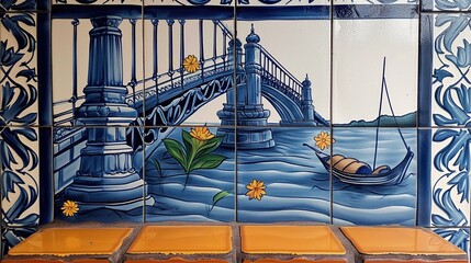 Na zdjęciu widać mozaikę płytkową mostu nad akwenem, wykonaną w tradycyjnym stylu portugalskim.