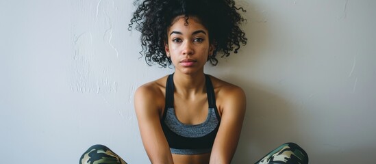 A young woman rests during her exercise routine, sitting on a yoga mat against a white wall, wearing athletic clothing with a black sports bra and green camo. - Powered by Adobe