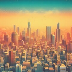 City skyline, building, at sunset abstract background with waves,  with stars, retro gradient with grainy texture, space sun, star, glow, sky 