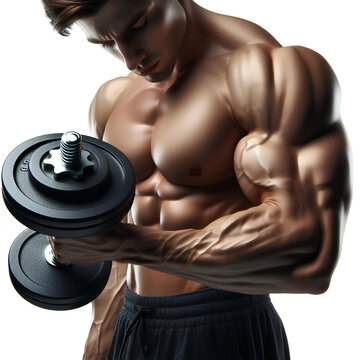 muscular male hand holding a metal dumbbell on a white background