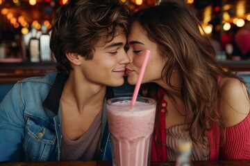 A couple indulging in a romantic moment, sharing a refreshing drink with drinking straws, their faces illuminated with joy as they savor the delicious flavors of their smoothies and milkshakes