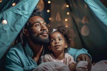 A father and his daughter share a loving moment, their smiling faces illuminated by the warm indoor light as they admire each other's clothing choices - obrazy, fototapety, plakaty