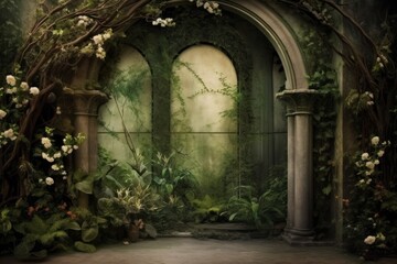 Enchanted Forest: Greenery Floral Backdrop, Fantasy Environment, Ancient Columns, Lush Greenery, Mystical Atmosphere, Magical Forest, Ethereal Beauty, Whimsical Setting, Nature's Splendor