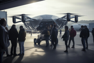 Passengers boarding an electric flying drone - obrazy, fototapety, plakaty