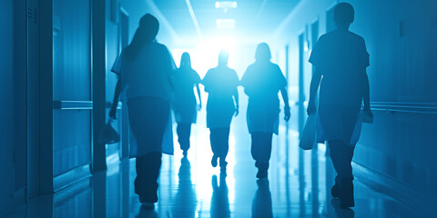 A busy hospital corridor showing moving medical personnel.