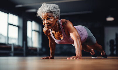Fototapeta na wymiar Senior woman practicing yoga at gym, healthy lifestyle for mature people concept. Generated by AI