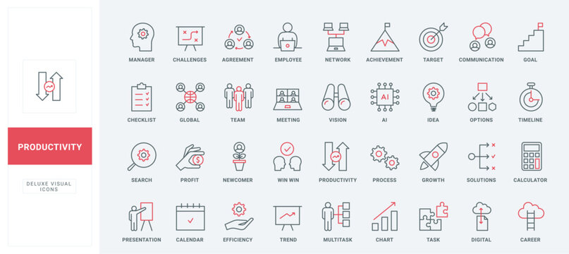 Business productivity line icons set. Office meeting presentation in team, profit and career of effective employee, multitask efficiency skills thin black and red outline symbols, vector illustration