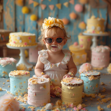 S&uuml;&szlig;es M&auml;dchen mit Torten und Sonnenbrille als Smash Cake Fotoshooting