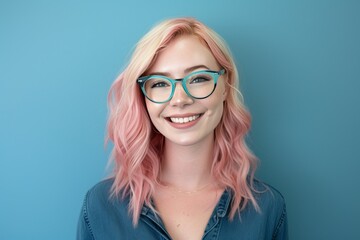 smiling blonde woman with pink hair wearing glasses, blue background