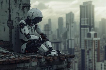 robot sits sadly in thought on the ruins of the city, resting its head