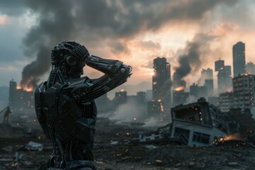 robot looks at the destroyed city and grabs its head