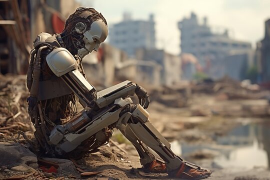 robot sits sadly in thought on the ruins of the city, resting its head