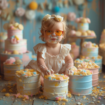 S&uuml;&szlig;es M&auml;dchen mit Torten und Sonnenbrille als Smash Cake Fotoshooting
