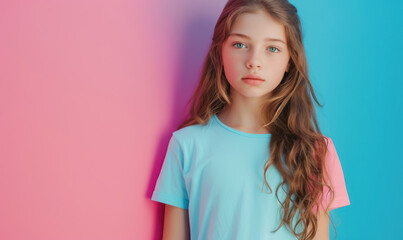teenage girl in pastel t-shirt posing against a dual tone background giving off a cool and modern vibe