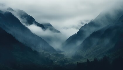 Misty foggy mountain landscape with fir forest and copyspace in vintage retro hipster style