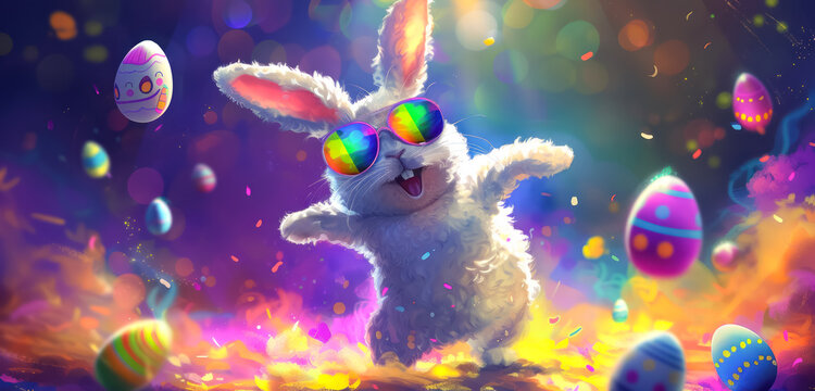 jubilant Easter bunny wearing rainbow colored sunglasess,  celebrating amid holographic eggs and festive lights