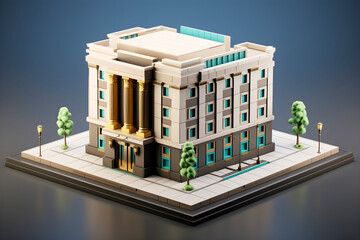 3D model of bank building. Concept of financial literacy and investments. AI generated