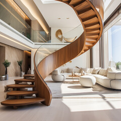 escalier tournant en bois dans un salon design - IA Generative - obrazy, fototapety, plakaty