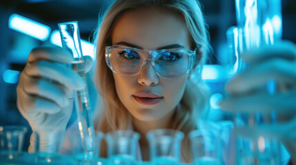 female scientist holding a test tube vith danger virus with a solution in gloves in a research lab or doing chemical experiments