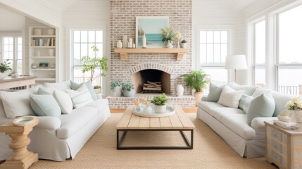 Coastal Farmhouse Fusion: Serene Living Room with Beachy and Rustic Elements