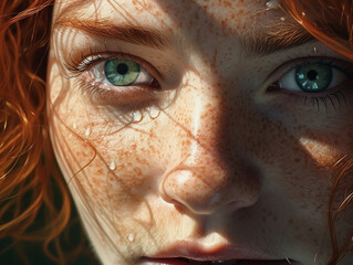 visage d'une femme rousse aux yeux clairs - IA Generative - obrazy, fototapety, plakaty