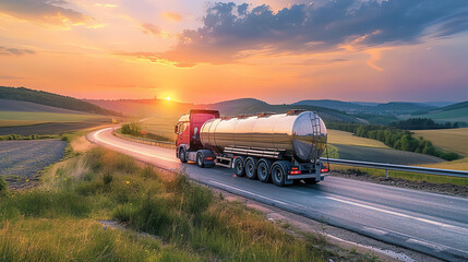 Fuel Tanker Truck on the Move at Sunset