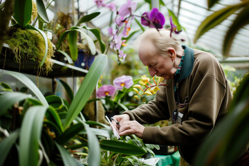 A botanist examining rare orchids in a botanical garden, displaying dedication and fascination with plant species - obrazy, fototapety, plakaty