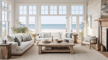 Coastal Farmhouse Fusion: Serene Living Room with Beachy and Rustic Elements