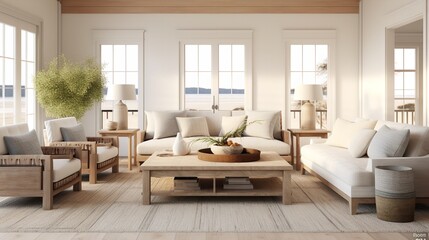 Fototapeta na wymiar Coastal Farmhouse Fusion: Serene Living Room with Beachy and Rustic Elements