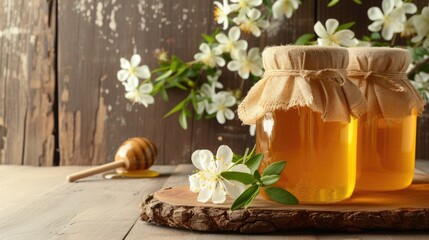 Sweet natural honey is standing in a transparent glass jar on a wooden table. Close up
