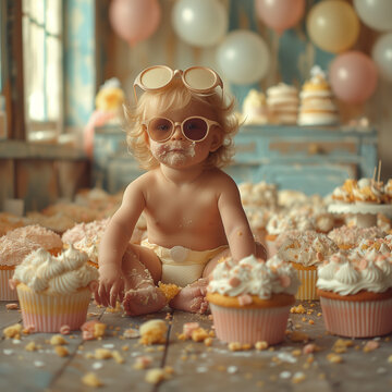 S&uuml;&szlig;es M&auml;dchen mit Torten und Sonnenbrille als Smash Cake Fotoshooting