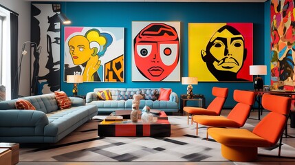 Vibrant Pop: Colorful Living Room with Bold Pop Art Influence and Dynamic Decor