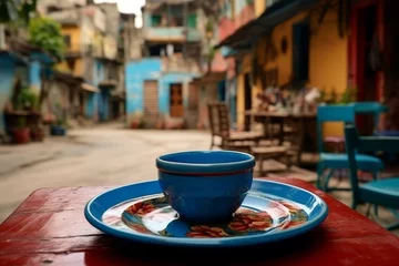 Gordijnen Morning coffee cup on table in charming narrow streets of old city with blooming flowers © Mikki Orso