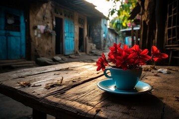 Coffee cup on table in quaint old city streets adorned with beautiful blooming flowers