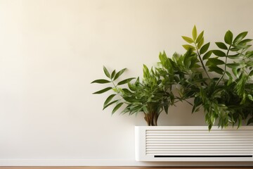 Air conditioner on wall with plants, adjusting temperature, cooling room, space for text placement