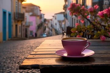 Caffeine boost. morning coffee cup on table in old city streets with vibrant flowers