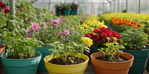 Fototapeta na wymiar Flower seedlings in pots in a greenhouse before planting in the garden.