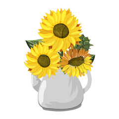 Sunflowers in teapot. Bouquet of yellow flowers in gray iron kettle. Wildflower heads. Kitchen utensils. Rustic summer image for card. Botany. Drawn. Isolated on white background. Vector illustration