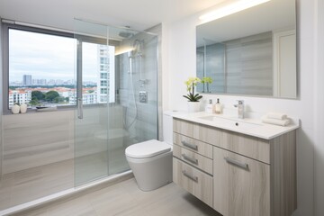 Fototapeta na wymiar Luxurious modern bathroom with new fixtures, tiles, and floor-to-ceiling windows